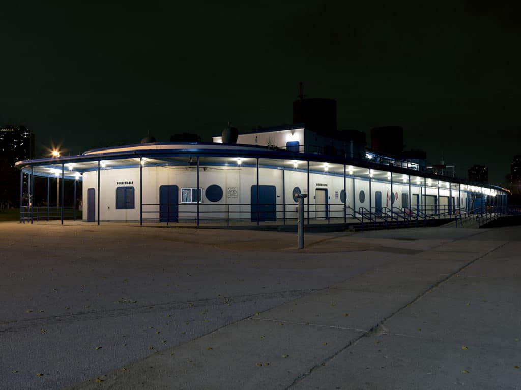 The boat house on Lake Michigan is closed for the season in this photograph, Nocturne 3. A public building that provides basic services to the North Avenue beach. These buildings will remain shuttered until spring comes and the weather warms.