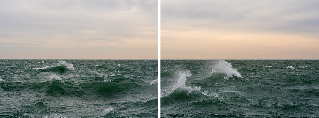 The lake is like Jasper in this detail from a large scale diptych with the interplay between deep greens and white. Tumultuous and in rare form as storms stir and push the water into waves crashing against the shore. Swipe to see this diptych together and as individual photographs.