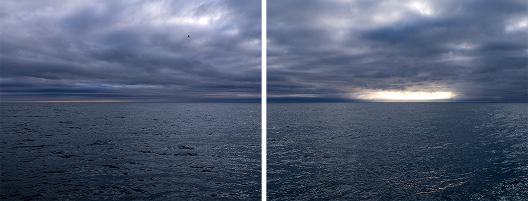 A circle forms in the sky above Lake Michigan. Searing bright light in an otherwise dark landscape. The waters oscillating, shifting in deep blue tones. This pair of photographs come together to form a diptych from the Lake Panoramas edition.