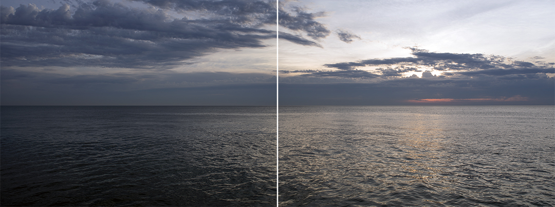 Two medium format photographs come together to create this large diptych of Lake Michigan at first light. Coming to the lake this early reveals a world that’s special to this place. The light interacts with both the sky and water to create gently modulating patterns of warm and cool tones.