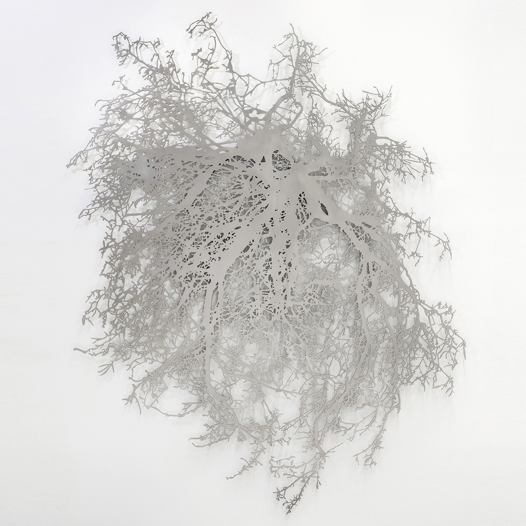 This is Graftings 1. Created in 2023 of stainless steel, it spans 76" x 96" (h) and can be installed in a number of ways. It is shown here wall-hung. Graftings is a sculptural series that, through abstraction, alteration and extrapolation I create simultaneously real and fantastical tree canopies from hundreds of photographs. Through both technology and collaborating with skilled craftsman, these complex and highly detailed sculptures became possible after an extensive period of development. This sculpture can be seen in full and further detail in subsequent slides.