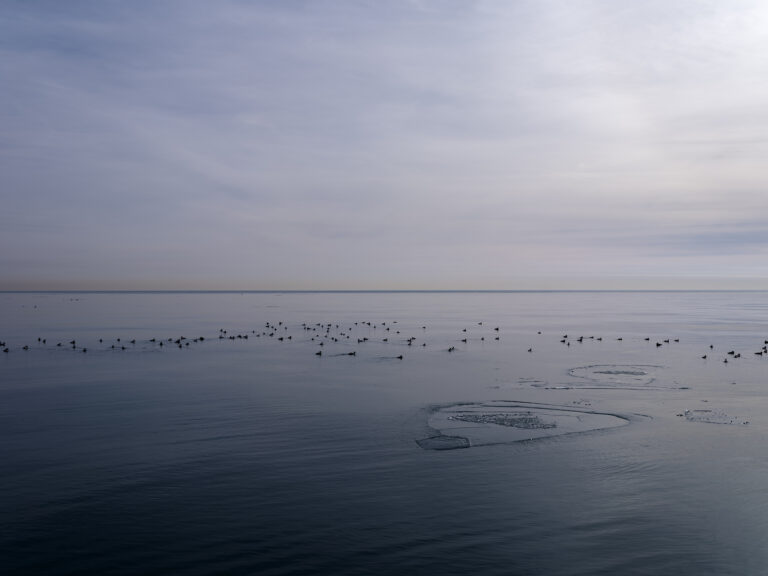 A muted winter day on the lake where grays and purples mix together in sky and water from the Lake Series by Lincoln Schatz.