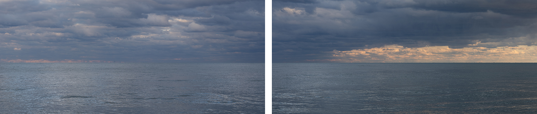 A detail of the horizon line as storms arrive over the surface of Lake Michigan.