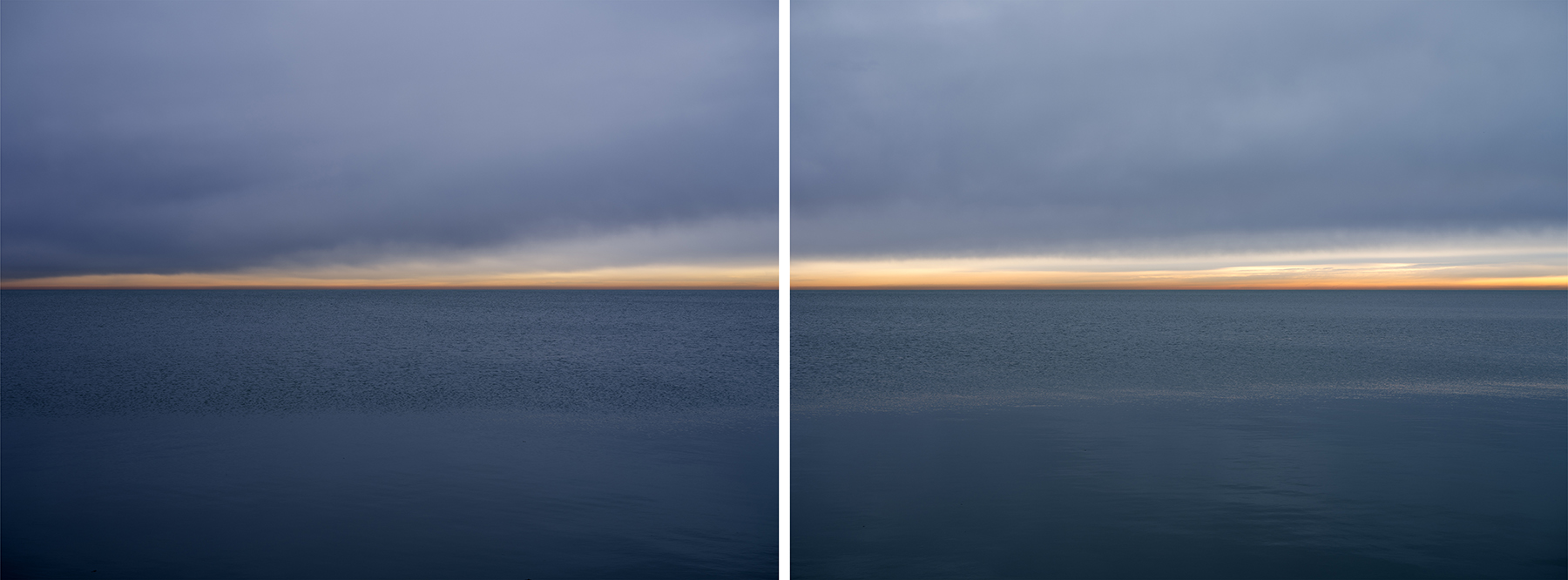 Dark lake waters are still as the clouds in the sky overhead threaten storms. A slash of sunlight illuminates the horizon line from left to right across two photographs from Lincoln Schatz.