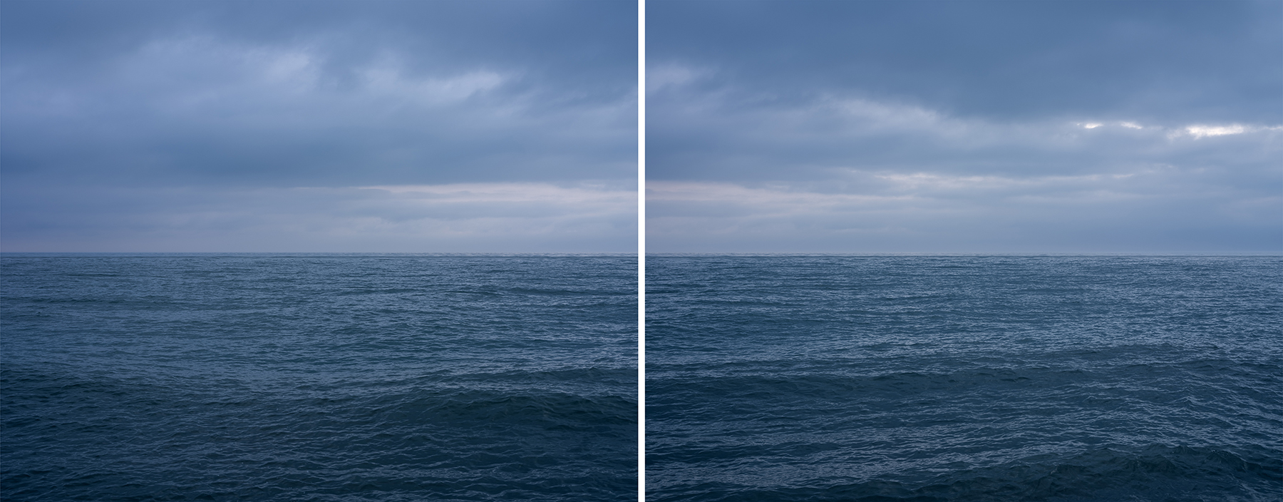 Deep blue tones fill a pair of photographs of Lake Michigan from the Lake Vistas edition from artist Lincoln Schatz. Waves are beginning to build in cold winter lake waters.