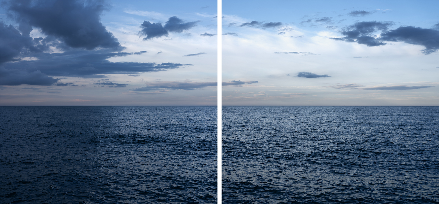 Blue skies with dramatic clouds in dark and light blues and white sit over a rippling Lake Michigan in a pair of photographs.