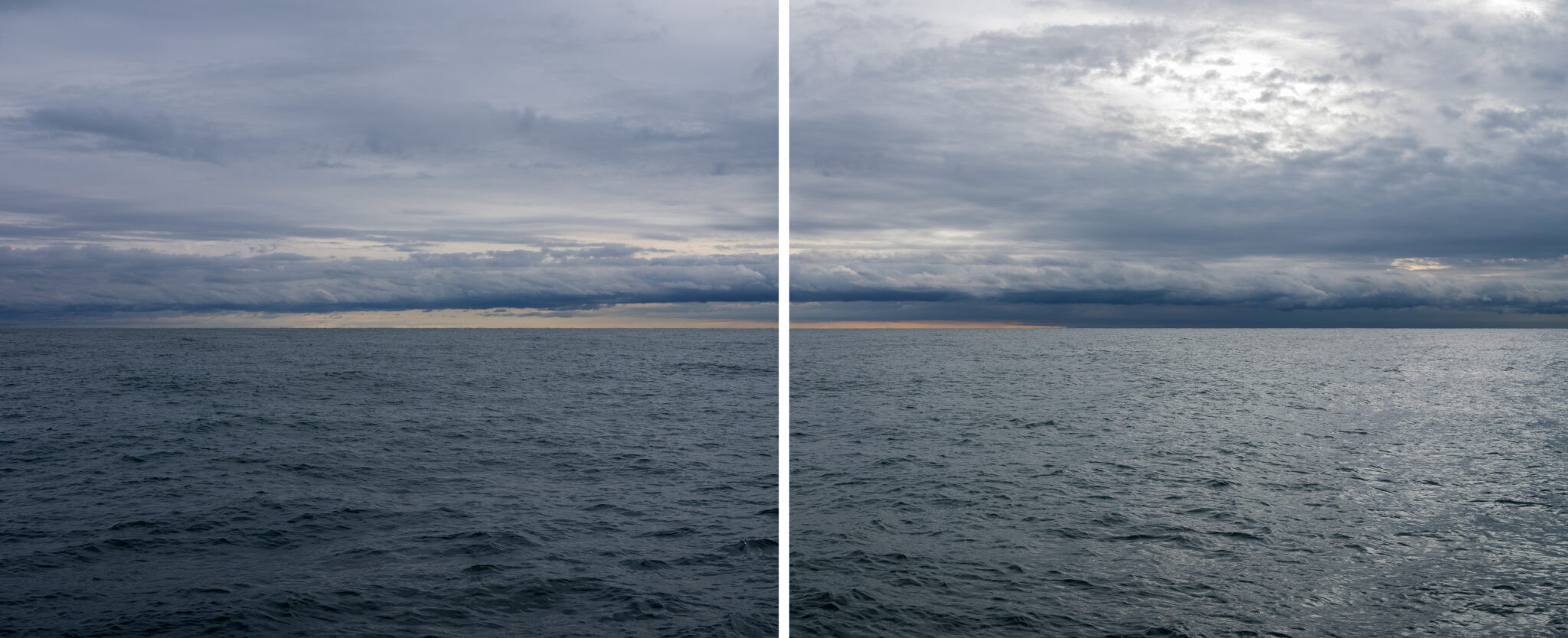 Storms threaten and a sliver of golden light sits out over the horizon under heavy cloud cover in a photograph from Lake Vistas by artist Lincoln Schatz.