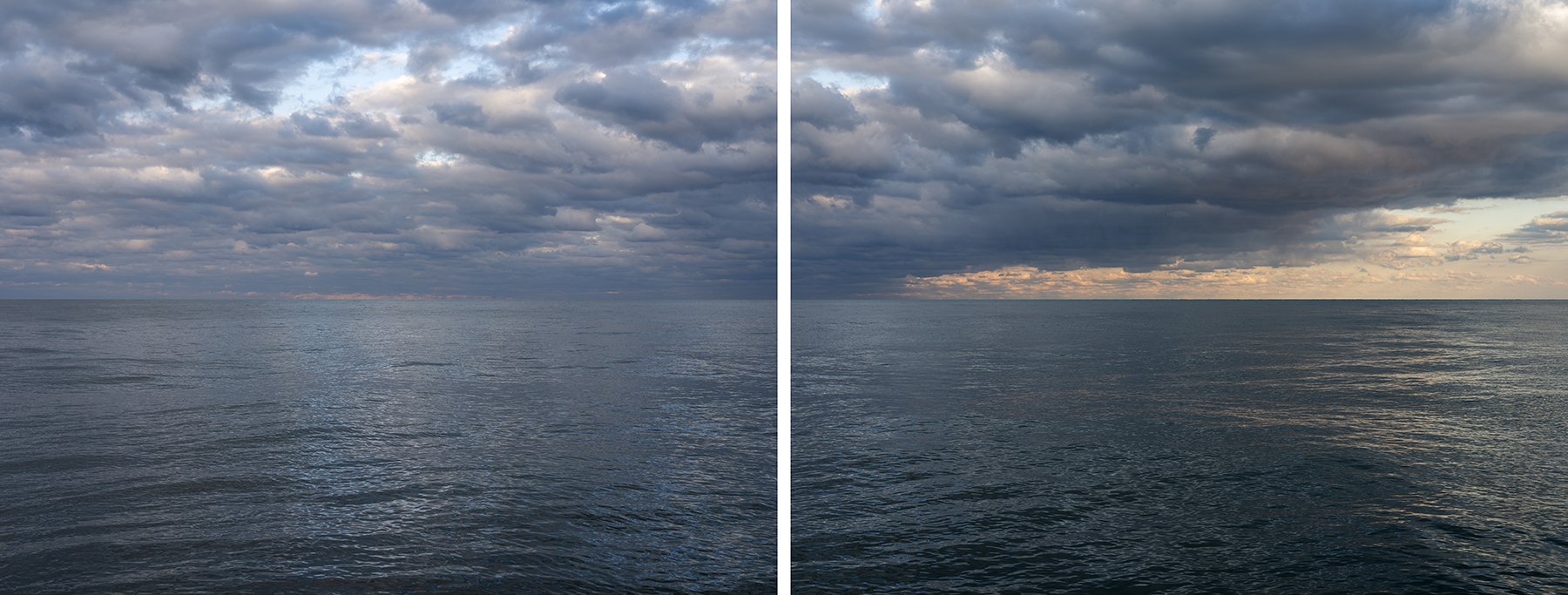 Clouds still haven't fully filled the sky over Lake Michigan in this diptych by artist Lincoln Schatz.