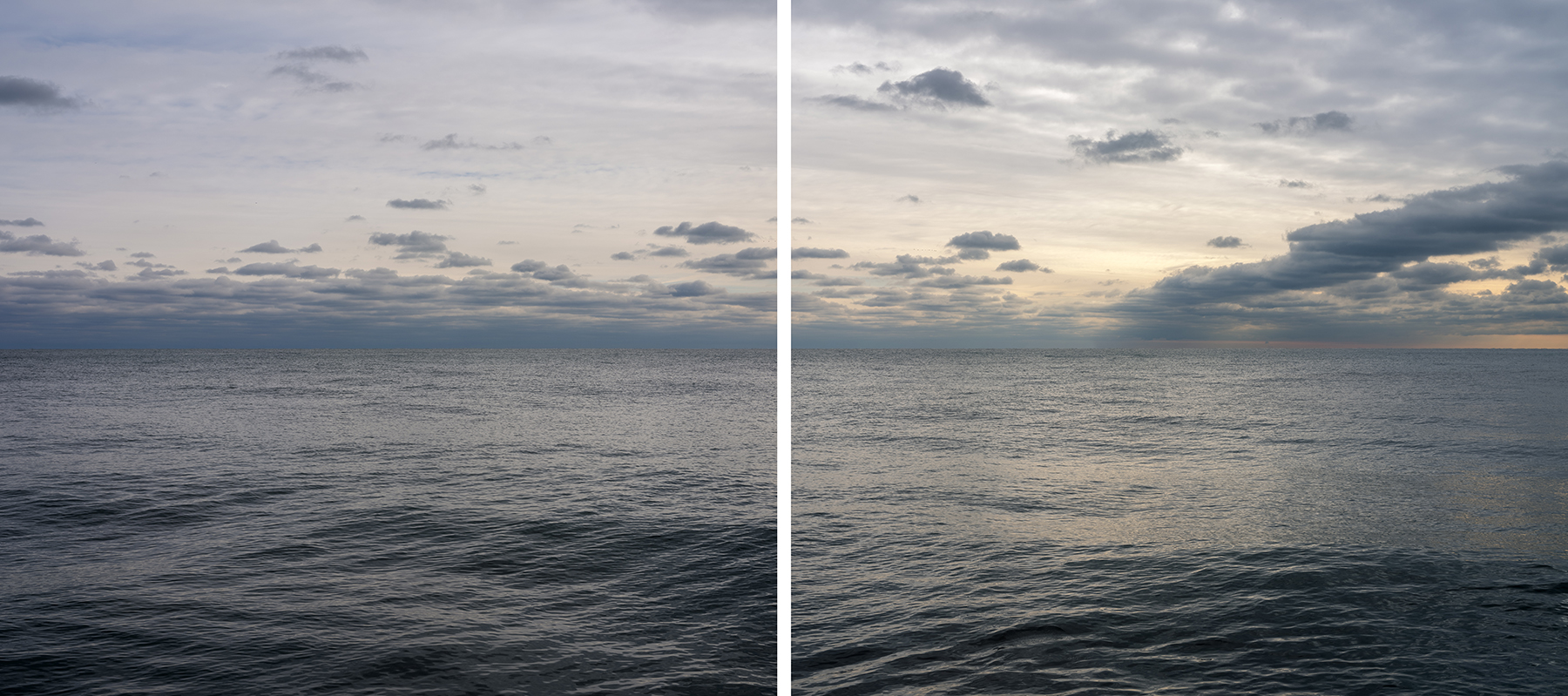 Clouds perch in the sky as the waters of the lake roll towards shore early in the day in a pair of photographs from the Lake Vistas edition.