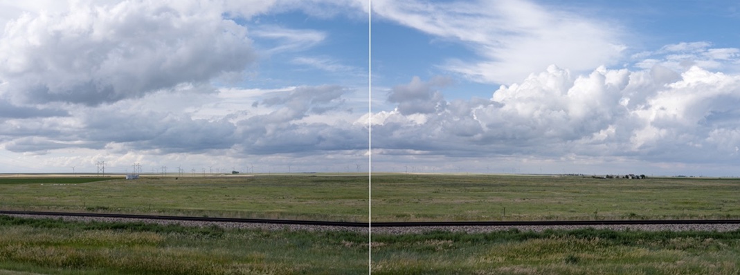 Moving across expansive farmlands, train tracks stretch alongside quiet highways. The railroad lines run parallel to the asphalt. Both trains and semi-trucks will haul the harvest in fall to processing facilities. This photograph is part of the Great Plains edition, a series of photographs that feature the relationship between humans and the landscapes they have shaped in middle America.