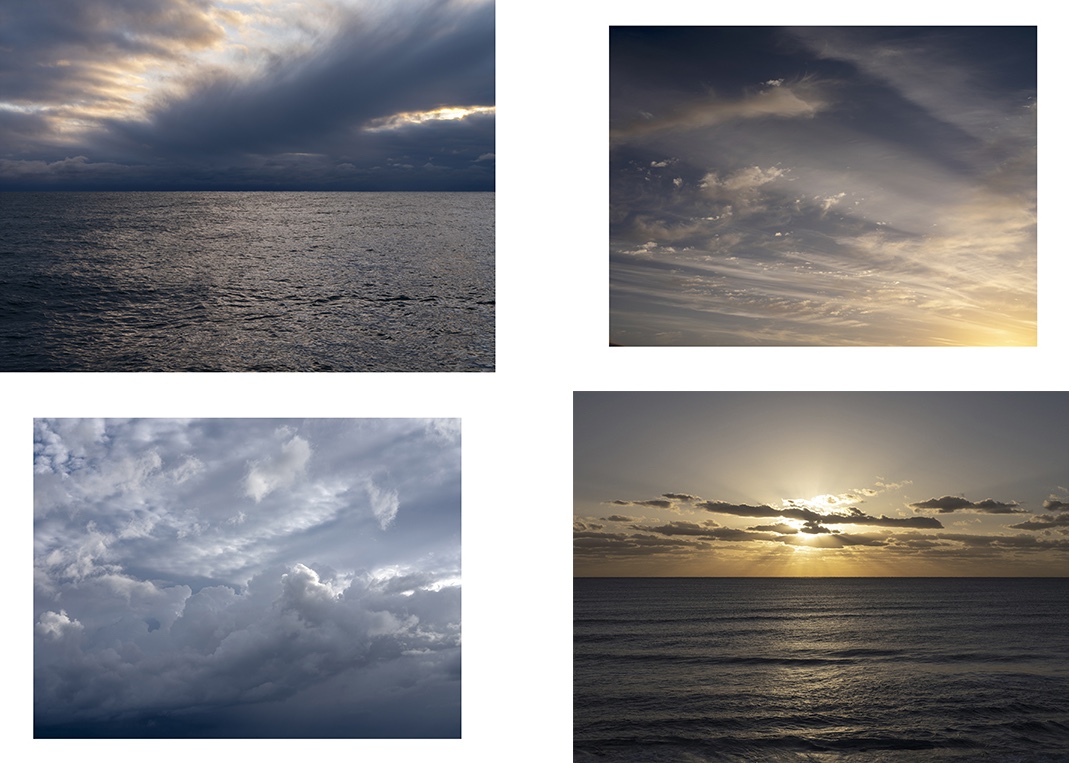 Four photographs featuring the landscapes of Lake Michigan and the Atlantic Ocean as these large bodies of water interact with the sun. These photographs are from the Lake Series and The Atlantic editions from Lincoln Schatz.