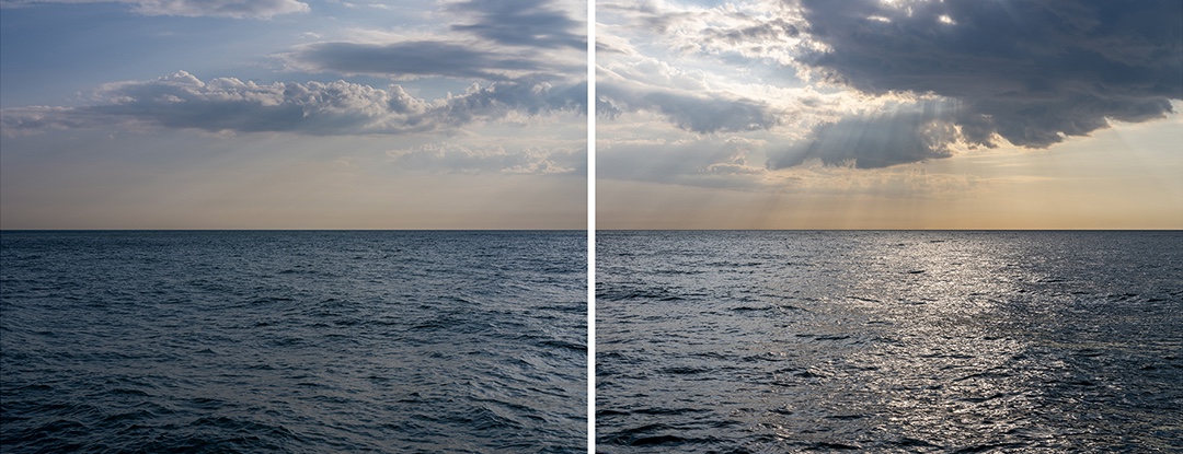 Sunlight streams through clouds over Lake Michigan in a pair of photographs from artist Lincoln Schatz and the Lake Vista edition.