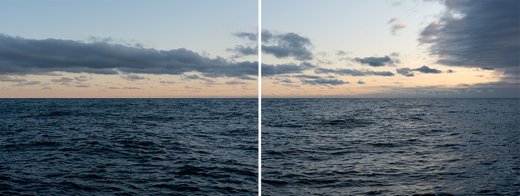It's dawn on the lake and clouds curl over Lake Michigan creating cool patterns in a slowly warming sky out over the water. A diptych from the Lake Panoramas edition of fine art photographs from artist Lincoln Schatz.