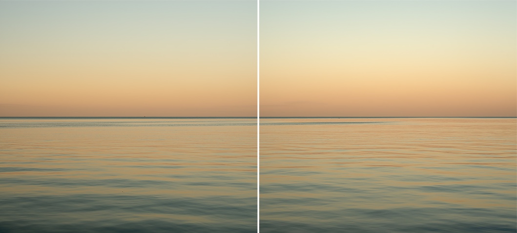 Dawn on Lake Michigan is rendered in golden green tones in this pair of photographs where sky and water mirror one another. Here the day is softly coming into focus.